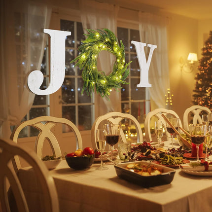 12 Inch Lighted Christmas Wood Joy Sign with Wreath LED String Lights Large Xmas Joy Letters Decor Wooden Hanging Joy Sign for Xmas Holiday Indoor Outdoor Home Wall Door Decoration(White)