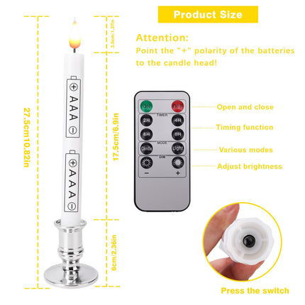 LED Flameless Window Candles with Remote Timer 10 PCS Battery Operated Flickering Taper Candle Lights with Removable Sliver Candle Holders Best for Xmas Wedding Home Dinner Décor