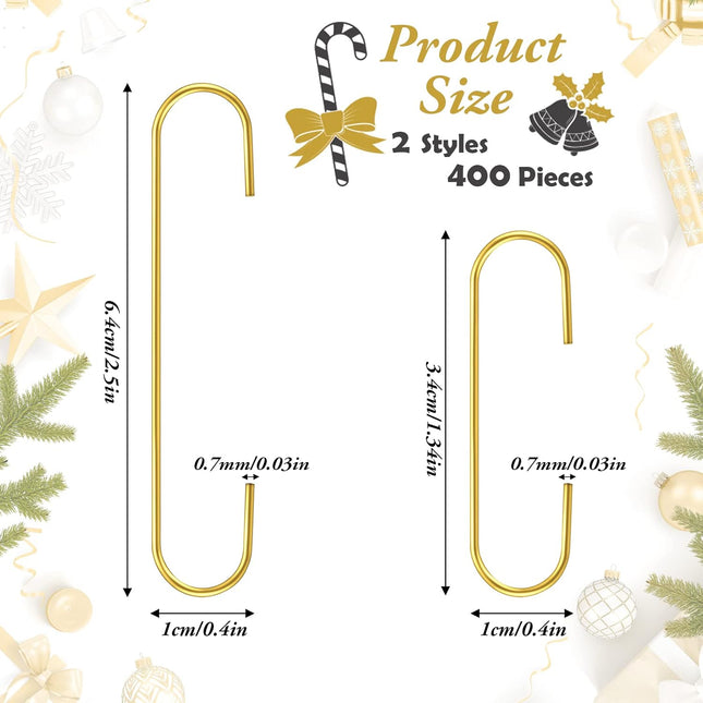 2 Sizes Christmas Ornament Hooks Christmas Tree Decorating Hangers Ornament Hangers Metal Wire Ornament Hooks for Christmas Tree Baubles Wreath Garland Banner Vine Decorations (Gold,400 Pieces)