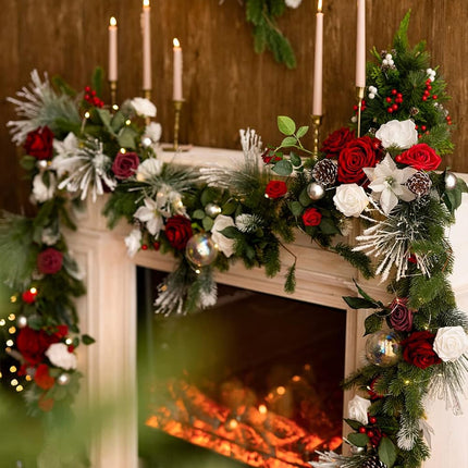 Ling's Moment Flower Garland - 6FT Eucalyptus & Rose - Sweetheart Table Decor for Wedding Reception, Artificial Floral Garland for Mantle, Thanksgiving Decoration, Christmas Red & Sparkle