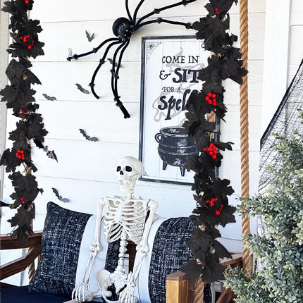 Black Maple Leaf Garland, Red Berry Garland, Black Berry Garland Fall Decor Artificial Fall Garland Halloween Black Garlands for Thanksgiving Home Fireplace Dinner Autumn Party Decoration(Red Berry)