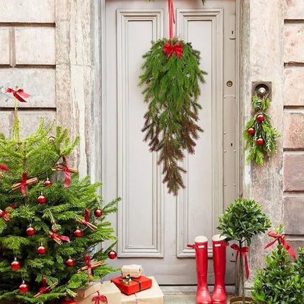 RECUTMS 2Pcs Christmas Pine Garland 3.3FT Hanging Fake Pine Needle Plants Faux Greenery Winter Norfolk Pine Swag Artificial Wreath Decor for Christmas Indoor Outdoor Holiday Table Mantel Winter (Red)