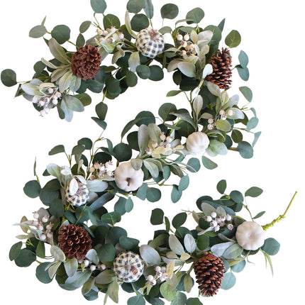 TEMPUS White Pumkin Garland 5.9Ft Artificial Eucalyptus Garland with Pumpkins Pine Cones Lamb Ear Leaves Garland for Wedding Arch Backdrop Thanksgiving Table Farmhouse Decor