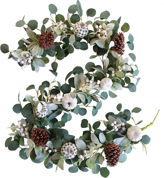 TEMPUS White Pumkin Garland 5.9Ft Artificial Eucalyptus Garland with Pumpkins Pine Cones Lamb Ear Leaves Garland for Wedding Arch Backdrop Thanksgiving Table Farmhouse Decor