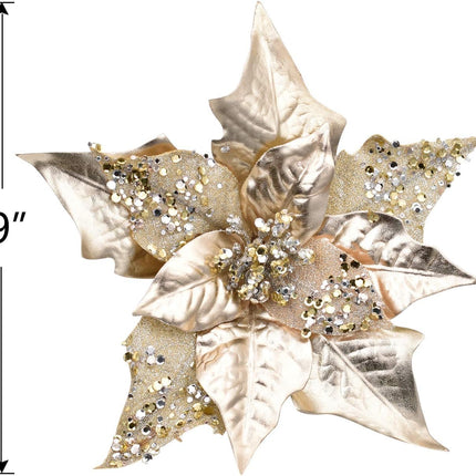 6pcs Artificial Christmas Poinsettias for Decoration, Glitter Flower Christmas Tree Ornaments Wedding Holiday Wreath Garland Decor with Clip(Champagne Gold)