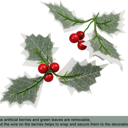 Lorigun 30 Pieces Artificial Holly Berries, Fake Berries with Green Leaves, Artificial Berry Flowers Decorations Christmas Crafts, Faux Golden Red Holly Berries Stems for Party Wreath Centerpiece