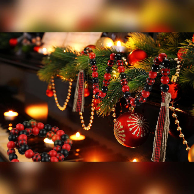 Wooden Bead Christmas Garland 2 Pieces Buffalo Plaid Tassel Bead Garland Decor Vintage Tassel Ornaments Vintage Farmhouse Garland Rustic Tier Tray Decor for Wall Hanging Home (Black and Red)