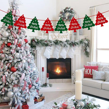 Christmas Decorations Red and Green Felt Christmas Tree Banner Garland, 8pcs Xmas Tree with Merry Christmas for Indoor Holiday Wall Window Door Decoration