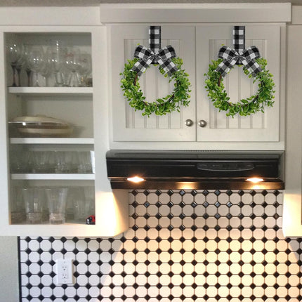 2 Pieces Faux Kitchen Christmas Cabinet Wreaths Boxwood Wreaths with Ribbon Buffalo Plaid Kitchen Decor Hanging Wreaths Small Farmhouse Wreaths Artificial Greenery Wreaths for Kitchen Cabinet Doors