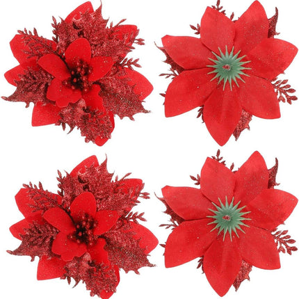 TOYANDONA 24 Pieces Christmas Glitter Poinsettia Flowers Christmas Tree Ornaments Artificial Flowers for Christmas Wreath Decoraiton (Red)