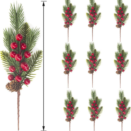 Grunyia 10 Pcs Artificial Pine Cone Picks and Red Berry Mini Artificial Pine Tree for Christmas Party Flower Wreaths and Holiday Decorations