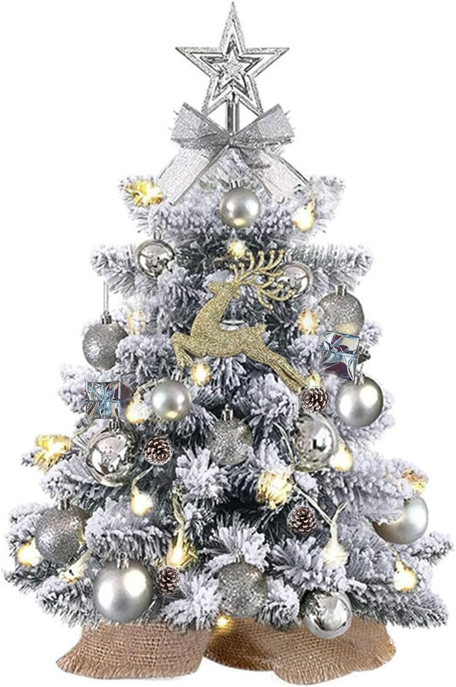 Mini Christmas Tree with Lights, 2ft Mini Christmas Tree with Decorations 24In Artificial Small Christmas Tree Pre-lit Snow Flocked Christmas Tree - for Table Desk Home Christmas Decoration