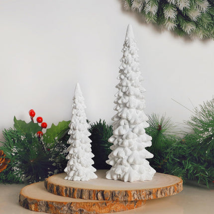 Juegoal Christmas Tree Table Decorations Set of 2, 9.5" White Glittered Xmas Pine Trees, Winter Snow Ornaments Tabletop Resin Trees Dinner Holiday Party Supplies Winter Mantle Shelf Centerpieces Decor