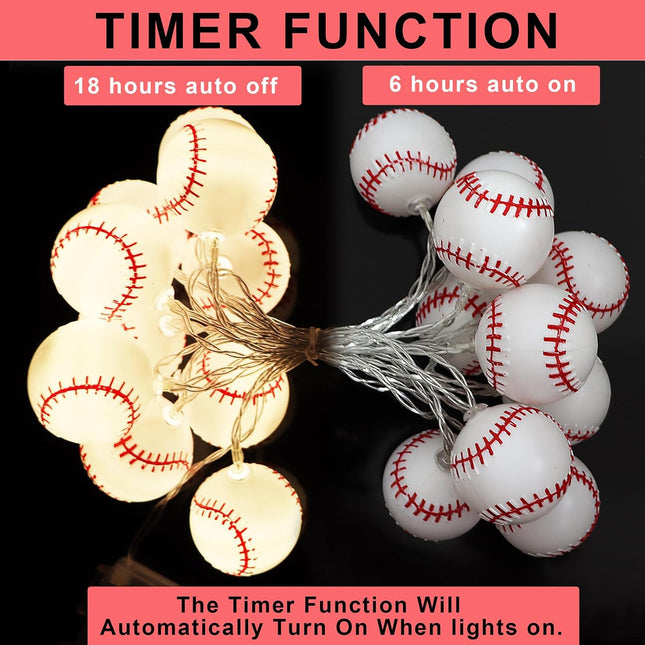 Yayfazy Baseball Decor String Lights, Battery Operated 9.9ft 20LED 2 Mode with Timer Sports Room Decor Lights for Boys Bedroom or Sports Theme Party, Christmas for Son, Grandson, Baseball Lover