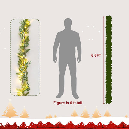 6.6 Ft Christmas Garland Prelit with 20 LED Lights, Battery Powered with Timer, Lighted Garland with White Berries for Mantle Stairs Wall, Indoor&Outdoor Pine Garlands for Christmas Decorations