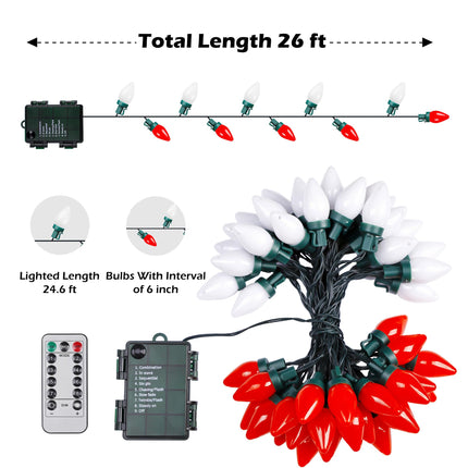C7 Bulbs Christmas String Lights with Remote - 50 LED 26ft Battery String Lights - Fairy Christmas Lighting for Garden Decor Bedroom Porch Xmas Ornament Christmas Decorations - Red White