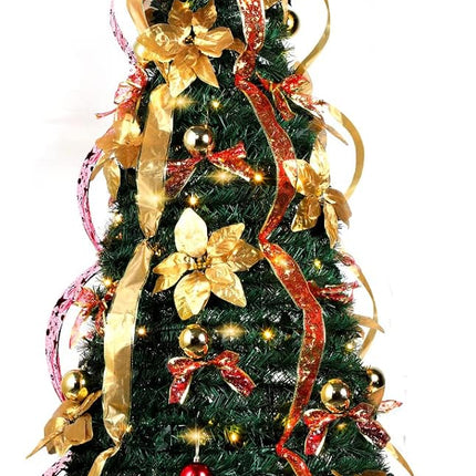 6 ft Christmas Tree Pop up Pre lit Christmas Tree with Lights Artificial Prelit Decorated Holiday Pull up Xmas Tree with Red and Gold Decorations Easy Assembly for Xmas Home Fireplace Decor