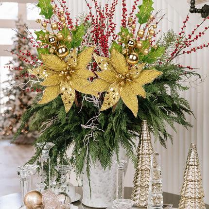 2PCS Christmas Tree Picks Gold Christmas Floral Pick 19.7" Christmas Stems with Ornaments Glitter Leaves Berries Artificial Poinsettia for Xmas Tree Filler Branches Garland Wreath Centerpieces Decor