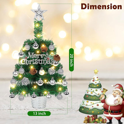 20" Tabletop Mini Christmas Tree Lighted, Artificial Small Xmas Pine Tree Prelit Christmas Tree with LED Lights and Ornaments for Xmas DIY Holiday
