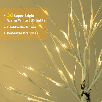 Remon 2FT Birch Tree Light with 36 LEDs Tabletop Lamp with Timer, Lifelike Artificial Hand Drawn Tree for Home Party Wedding Holiday, Jewelry Holder, Battery Operated Small Christmas Tree(2PK)