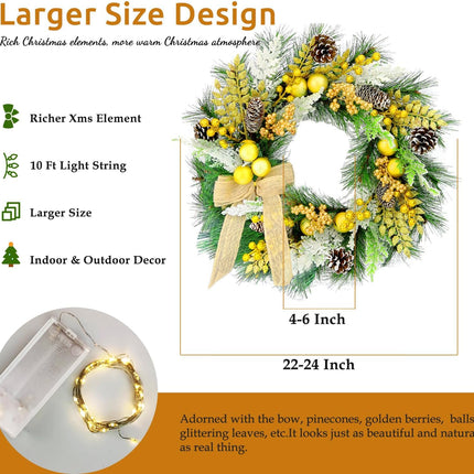 Large Christmas Wreath with Lights, 22 Inch Battery Operated Pre lit Gold Christmas Wreaths and Garland for Front Door Outdoor Indoor Windows Kitchen cabinets Car Pine Wreath Decor