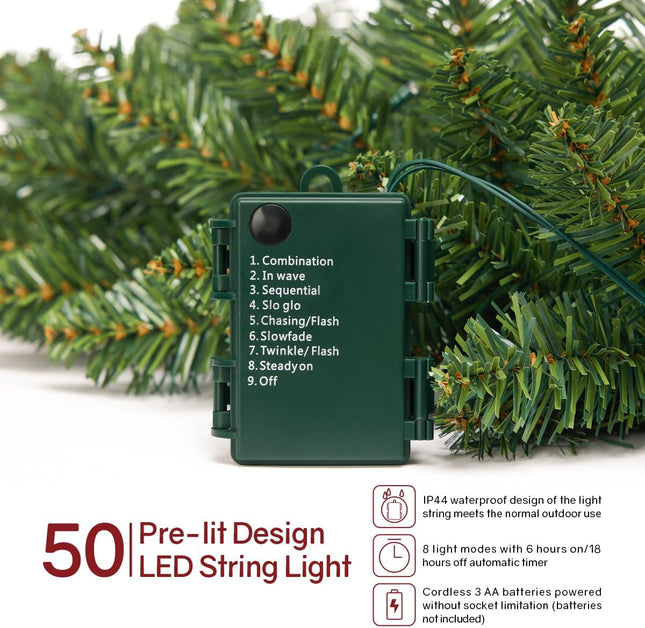 Somikis 9FT Pre-Lit Artificial Christmas Garland with 50 LED Lights and Realistic Classic Evergreen Pine Spruce for Mantle Stair Railing Indoor Outdoor