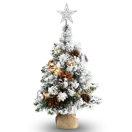 24 Inch 2FT Snowy Mini Christmas Tree, Small Tabletop Flocked Tree with LED Lights, Pine Cones, Balls, Star Tree Topper, Mini Box and Cloth Bag Base, Xmas Decorations (Mini Christmas Tree)