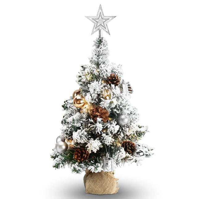24 Inch 2FT Snowy Mini Christmas Tree, Small Tabletop Flocked Tree with LED Lights, Pine Cones, Balls, Star Tree Topper, Mini Box and Cloth Bag Base, Xmas Decorations (Mini Christmas Tree)