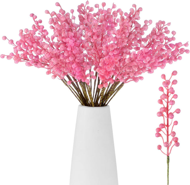 24 Pack Christmas Berry Stems 14 Inch Artificial Berry Picks Xmas Holly Berry Stem Branches for Christmas Tree Ornament Wreath Vase DIY Craft Christmas Home Decor(Pink)