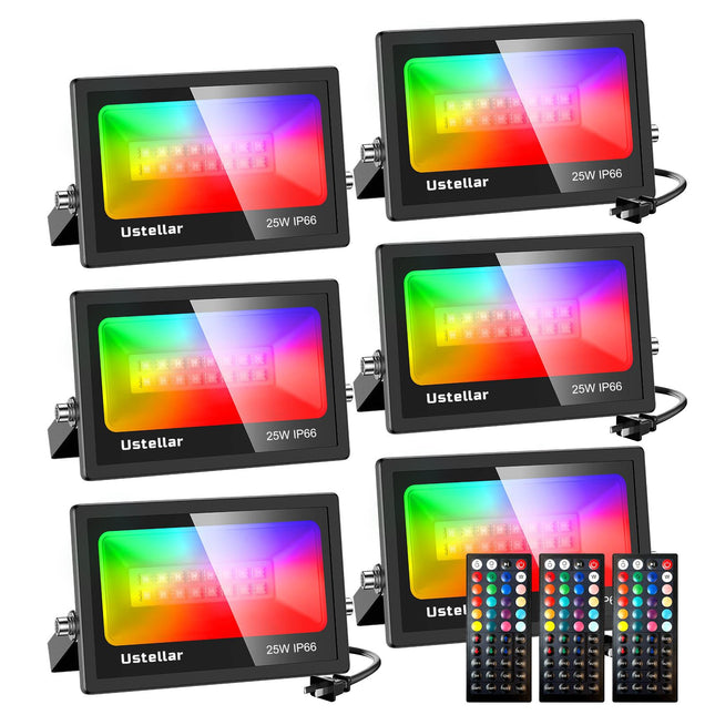 Ustellar 6 Pack 25W LED Flood Light 250W Equivalent Color Changing RGB Floodlight Indoor Outdoor Spotlight Warm White 2700K Remote IP66 Waterproof Uplighting Event Wedding Christmas Party Strobe Stage