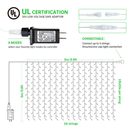 304 LED Curtain Lights,8 Modes Hanging Wall Lights Outdoor,Plug in Fairy Curtain String Lights for Window,Ceiling,Party Backdrop,Wedding,Christmas,Halloween,Bedroom Decor(Green)