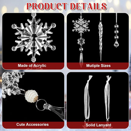 25Pcs Crystal Christmas Ornaments, Acrylic Hanging Snowflake Decorations Icicle Ornaments for Winter Year Party Decor, Xmas Tree Decorations Supplies