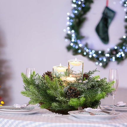 Cindeer 19 Pcs Christmas Artificial Pine Cone Ring Wreath and Candle Set 19 Inch Wreath and Glass Candle Holder with Floating Candle and Artificial Pearl String for Table Centerpiece Front Door Decor