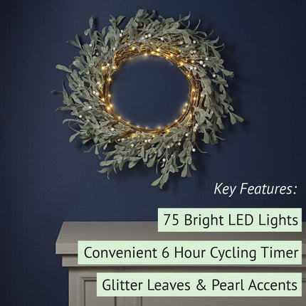 LampLust Christmas Wreaths for Front Door, 20 Inch Flocked Mistletoe Wreath with Pearly White Berries, 75 LED Lights, Timer, Battery Powered, Farmhouse Wreath, Christmas Decorations Holiday Decor