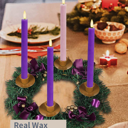 SHYMERY Flameless Advent Candles,Real Wax Battery Operated Electric LED Taper Candles with Remote Timer, Set of 4 Purple & Pink Flickering for Wreath Thanksgiving Christmas Outdoor Centerpieces