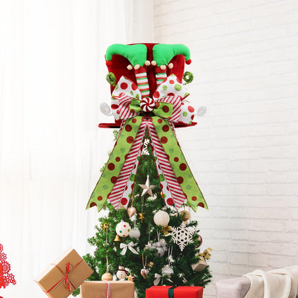 Christmas Tree Topper Hat with Bow, Large Christmas Tree Topper with Elf Legs and Red & Green Polka Dot Bow, Tree Toppers Christmas Decorations for Winter Holidays