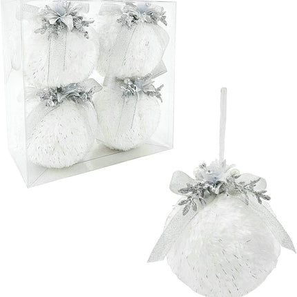 Nature Vibe Set of 4 Faux Fur White Christmas Ornaments in Box,Christmas Balls with Silver Accent as Christmas Tree Decorations or Winter Wonderland Decorations