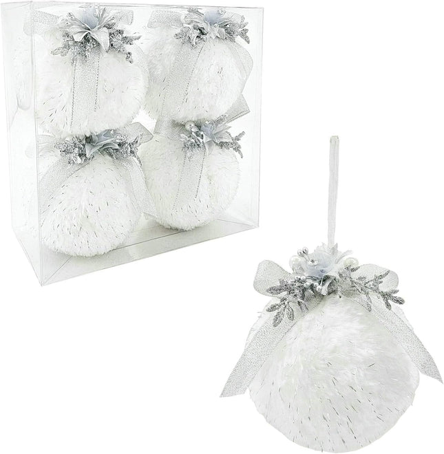 Nature Vibe Set of 4 Faux Fur White Christmas Ornaments in Box,Christmas Balls with Silver Accent as Christmas Tree Decorations or Winter Wonderland Decorations
