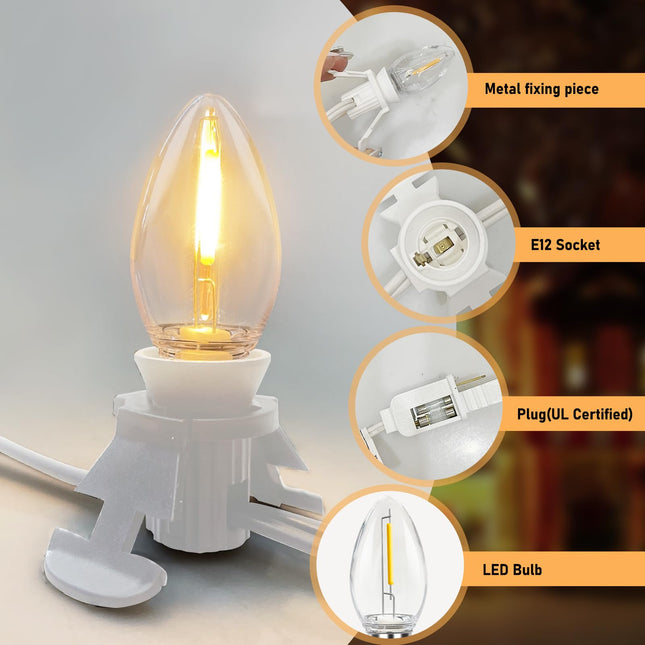 Accessory Cord with 9 LED Light Bulb and Female Plug, 15 Ft Christmas Village Light Cord with Clip, C7 Led Night Lights for Indoor Crafts Halloween Pumpkin Christmas Village House Decor, White Wire