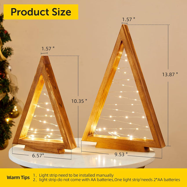 2 Pcs Wood Christmas Tree with Lights-Modern Farmhouse Christmas Wooden Tree Centerpieces for Tables Christmas Holiday Decorations Home Party Table Fireplace Mantle Shelf Decor(Brown)