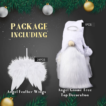 Sratte Christmas Angel Gnomes Treetop 23 Inch White and Silver Gnome Tree Topper and 24 Pcs 4.72 x 4.6 Inch Angel Feather Ornament Plush Christmas Tree Mantel Table Decorations for Xmas Winter Holiday