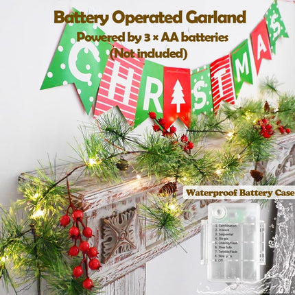 Christmas Garland Lights 6.56 FT Smokey Pine Garland with 30 LED Fairy Lights Battery Operated Garland Lights with Red Berries Bells Pine Cones Garland Christmas Lights Indoor Home Decorations