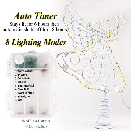 Angel Tree Topper with Lights, 11" Christmas Tree Topper Angel, Metal Christmas Tree Angel Topper Lighted, Battery Operated Angel Christmas Tree Topper, Tree Toppers Christmas Decorations