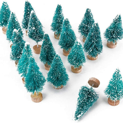 Artificial Mini Sisal Christmas Trees Snow Frost with Wooden Bases for Home Party Decoration Ornament DIY Craft (Blue-Green, 20 pcs)