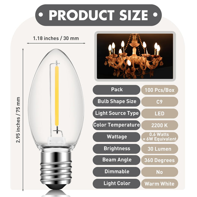 Retisee 100 Pcs C9 LED Light Bulbs Christmas Light Bulbs Waterproof Replacement Light Bulbs Replacement Bulbs for Outdoor String Lights, E17 Intermediate Base, 0.6W Equivalent to 6W, Warm White 2200k