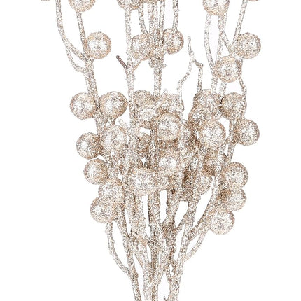 Sea Team 24-Pack Artificial Glitter Berry Twigs, Bacca Stem Ornaments, Decorative Bead Sticks, Picks, Branches for Christmas Tree, Wreath, Vase Fillers for Centerpieces, Home Décor, Champagne