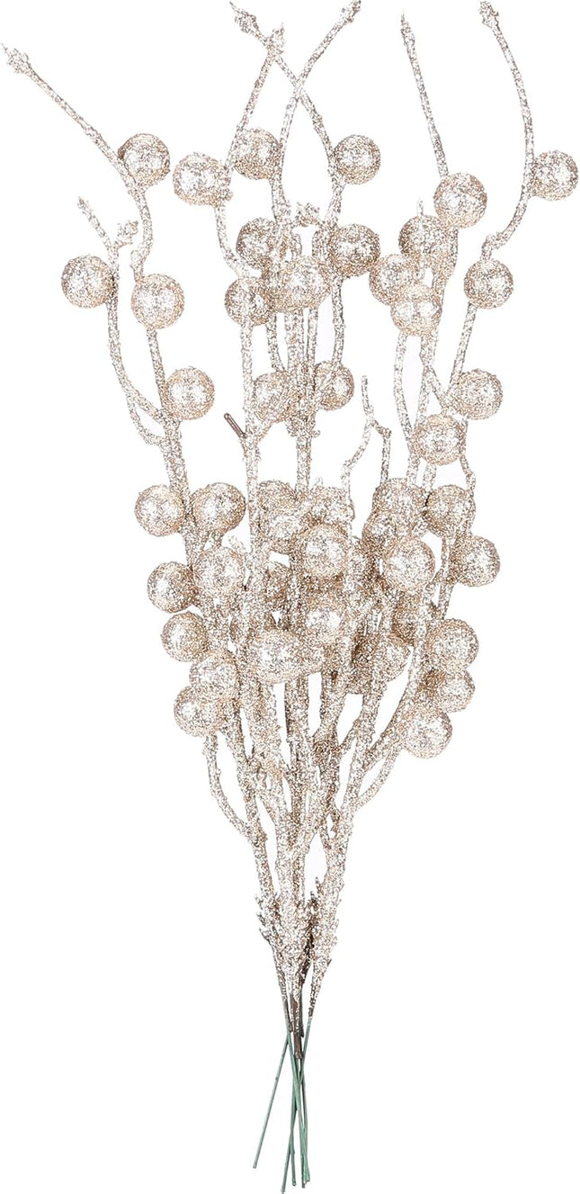 Sea Team 24-Pack Artificial Glitter Berry Twigs, Bacca Stem Ornaments, Decorative Bead Sticks, Picks, Branches for Christmas Tree, Wreath, Vase Fillers for Centerpieces, Home Décor, Champagne