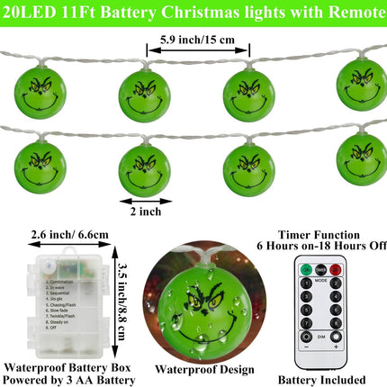 Grinch Christmas Decorations, 20 LED 11ft Christmas Lights Battery Operated with Remote/Timer, Waterproof Christmas String Lights for Tree Home Bedroom Yard Outdoor Indoor Decor
