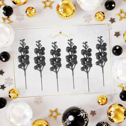 24 Pack Glitter Black Berry Stems, 19 CM Artificial Burgundy Red Berry Picks Holly Red Berries Branches Christmas Berry Stems for Christmas Tree Garland Wreath Crafts Wedding Winter Home Decoration