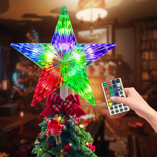 Christmas Tree Topper, FISHOPE LED 24 Modes Color Changing 9.5" Christmas Tree Toppers Star Lighted, Remote Controller Multicolor Christmas Decorations USB Powered for Xmas Holiday Party Décor
